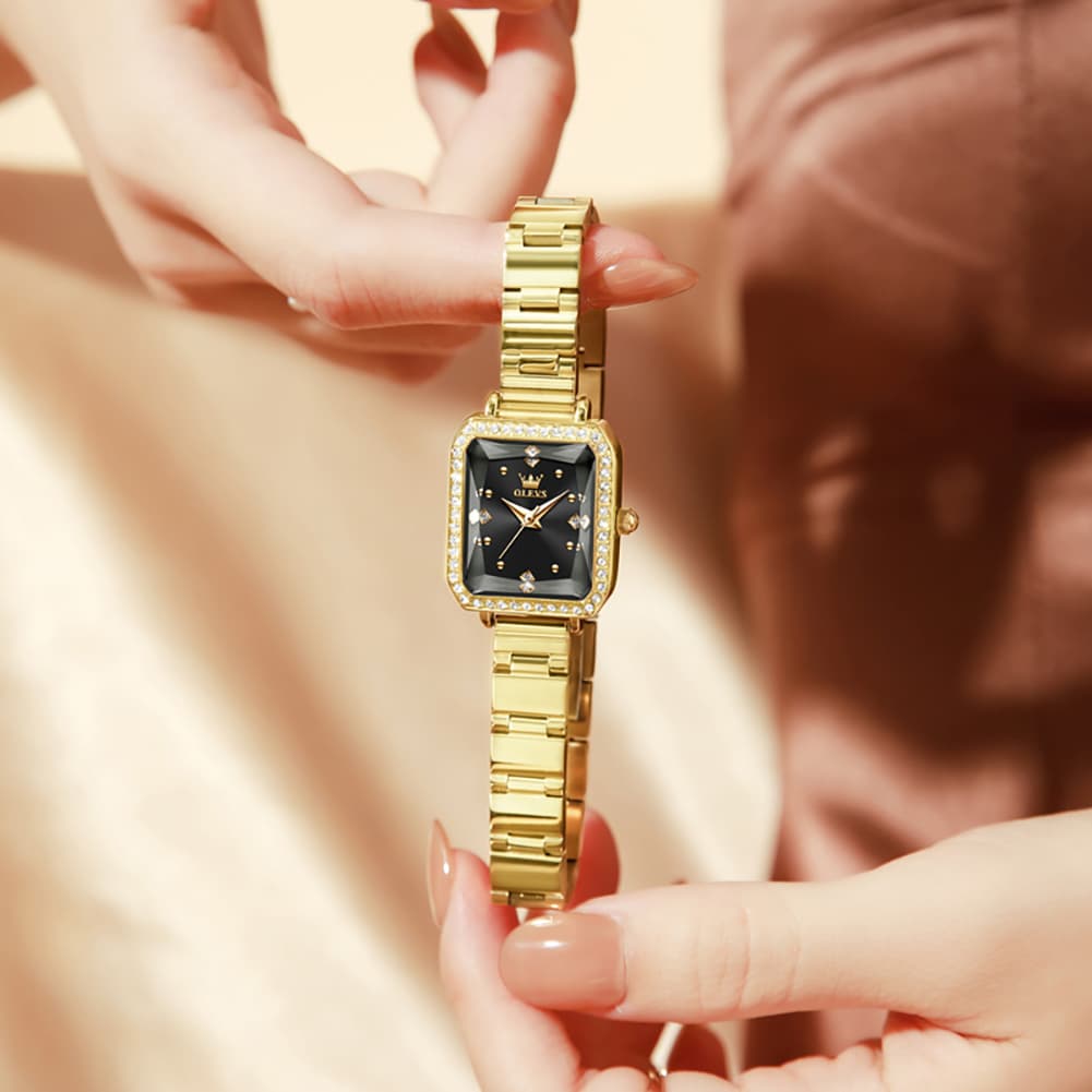 OLEVS 5688 Beveled Edge Crystal Rectangular Watch Diamond Bezel Stainless Steel Quartz Timepiece for Women -Olevs Watch Store