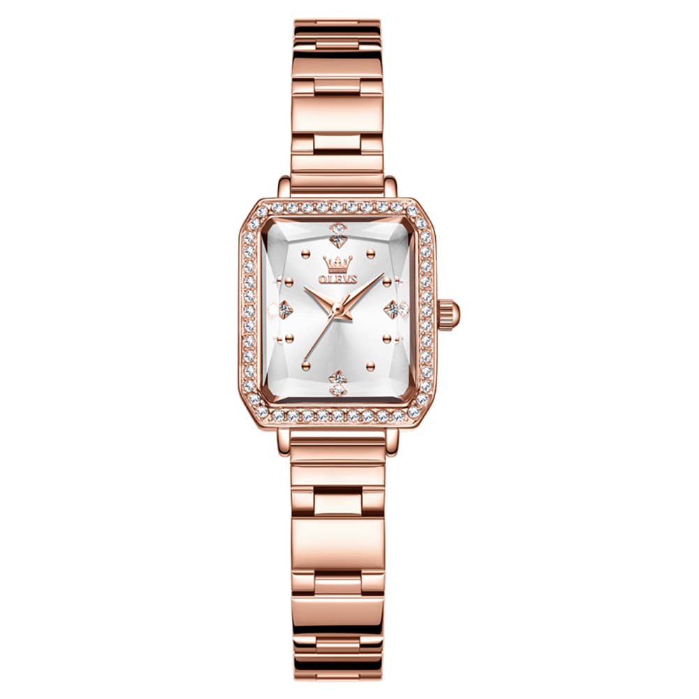 OLEVS 5688 Beveled Edge Crystal Rectangular Watch Diamond Bezel Stainless Steel Quartz Timepiece for Women -Olevs Watch Store