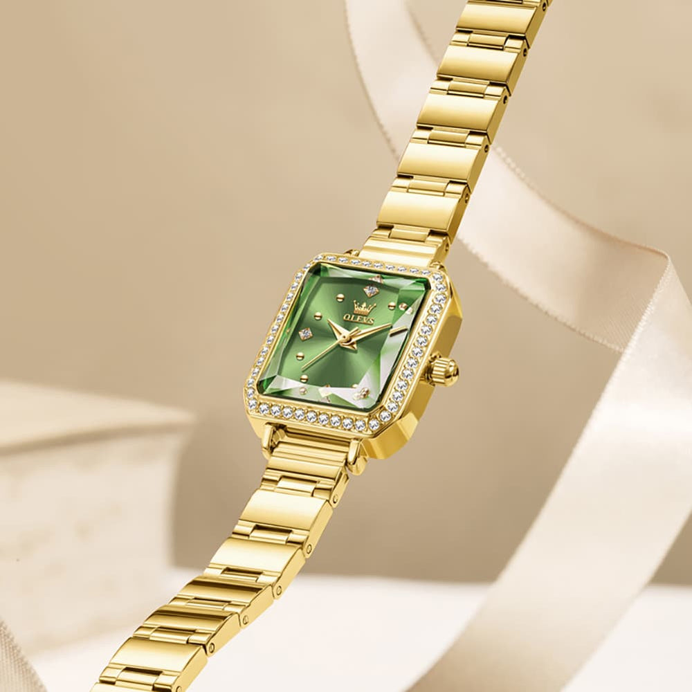 OLEVS 5688 Beveled Edge Crystal Rectangular Watch Diamond Bezel Stainless Steel Quartz Timepiece for Women -Olevs Watch Store