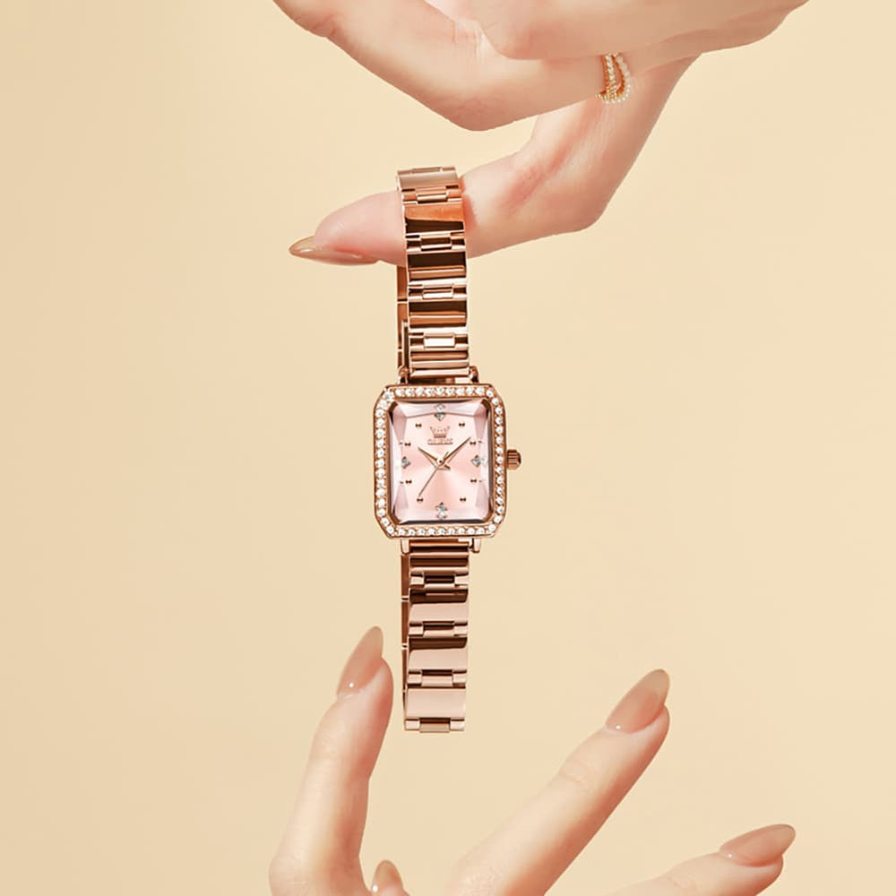 OLEVS 5688 Beveled Edge Crystal Rectangular Watch Diamond Bezel Stainless Steel Quartz Timepiece for Women -Olevs Watch Store