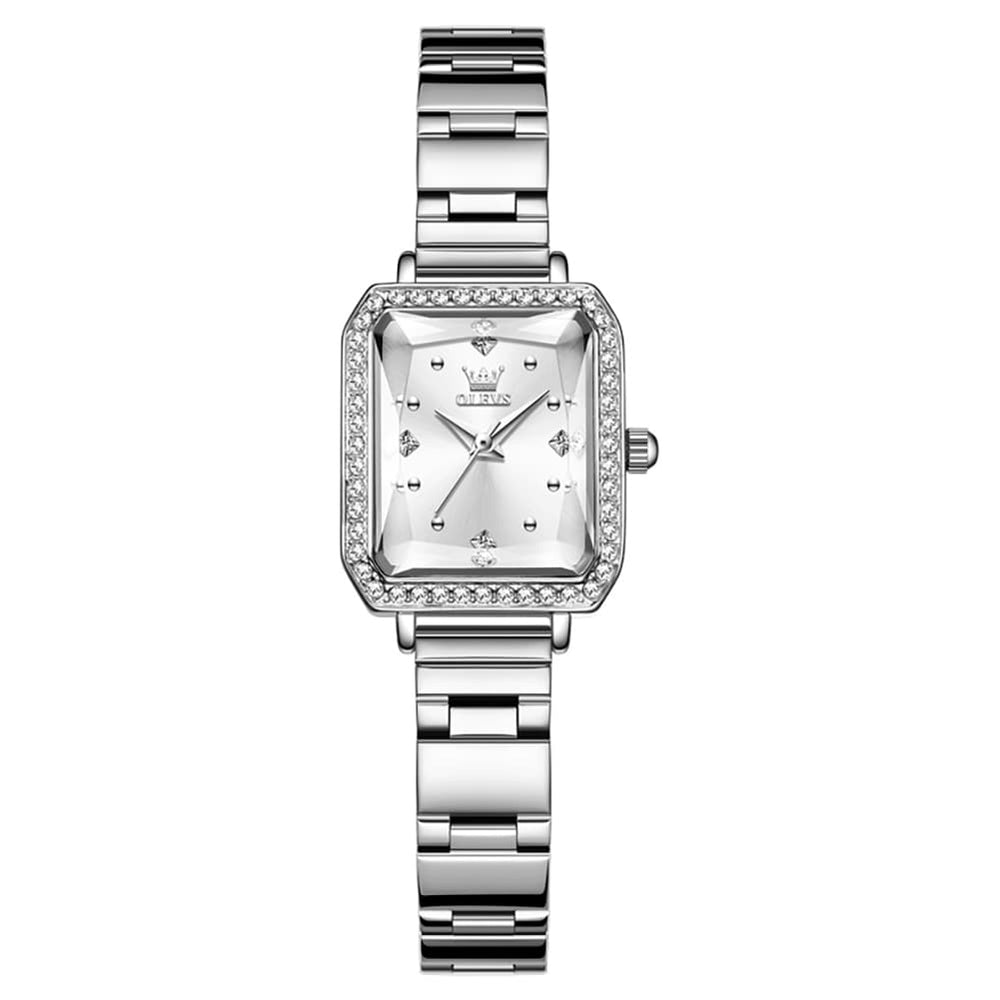 OLEVS 5688 Beveled Edge Crystal Rectangular Watch Diamond Bezel Stainless Steel Quartz Timepiece for Women -Olevs Watch Store