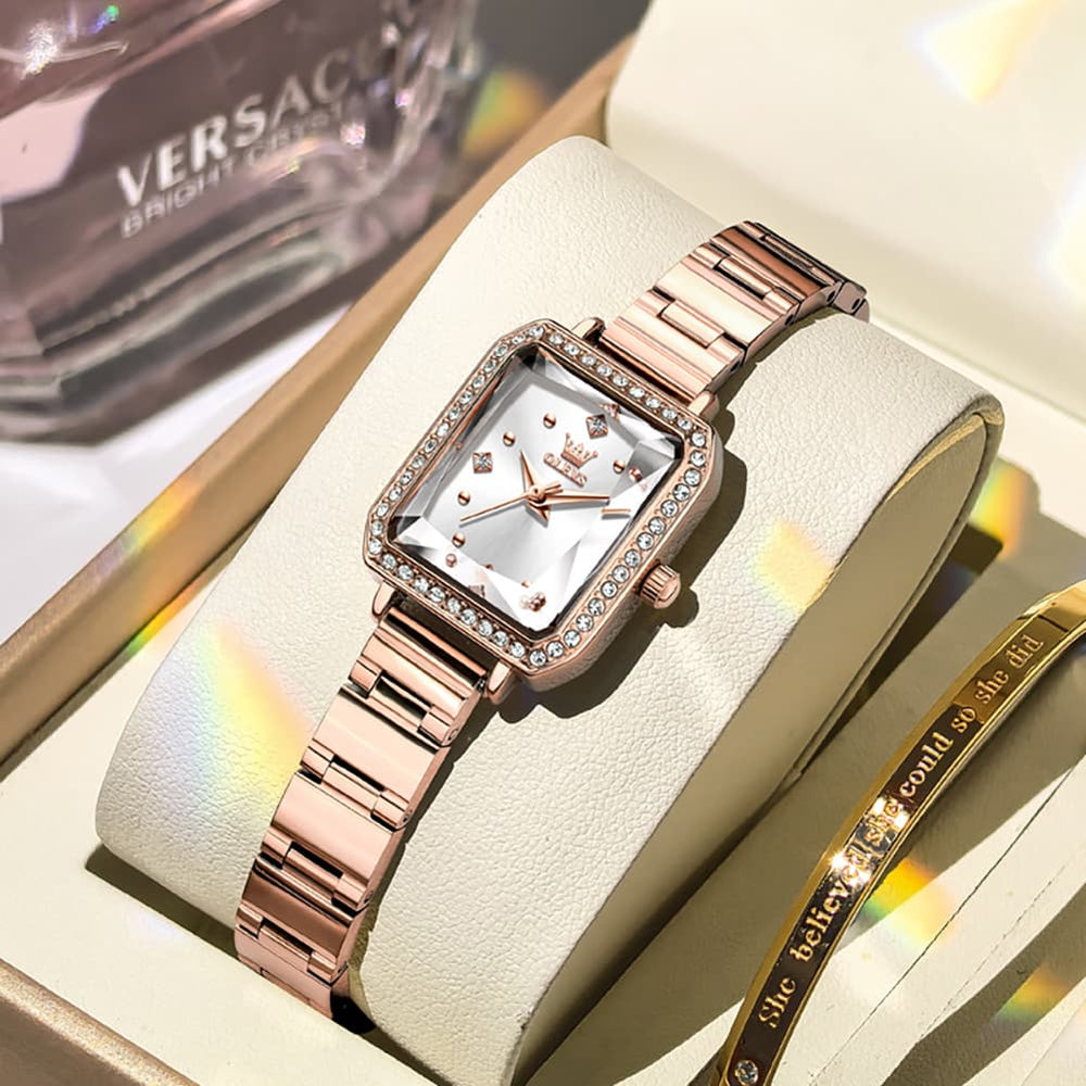 OLEVS 5688 Beveled Edge Crystal Rectangular Watch Diamond Bezel Stainless Steel Quartz Timepiece for Women -Olevs Watch Store