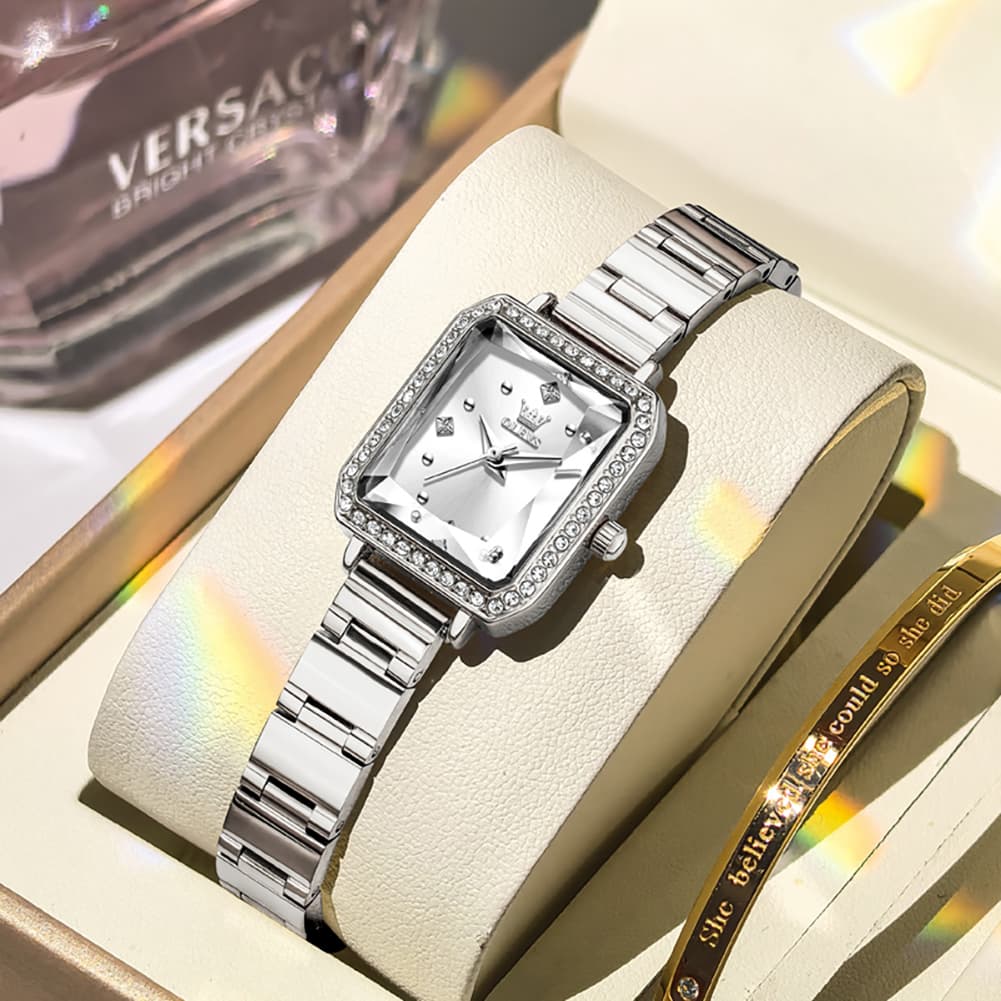 OLEVS 5688 Beveled Edge Crystal Rectangular Watch Diamond Bezel Stainless Steel Quartz Timepiece for Women -Olevs Watch Store