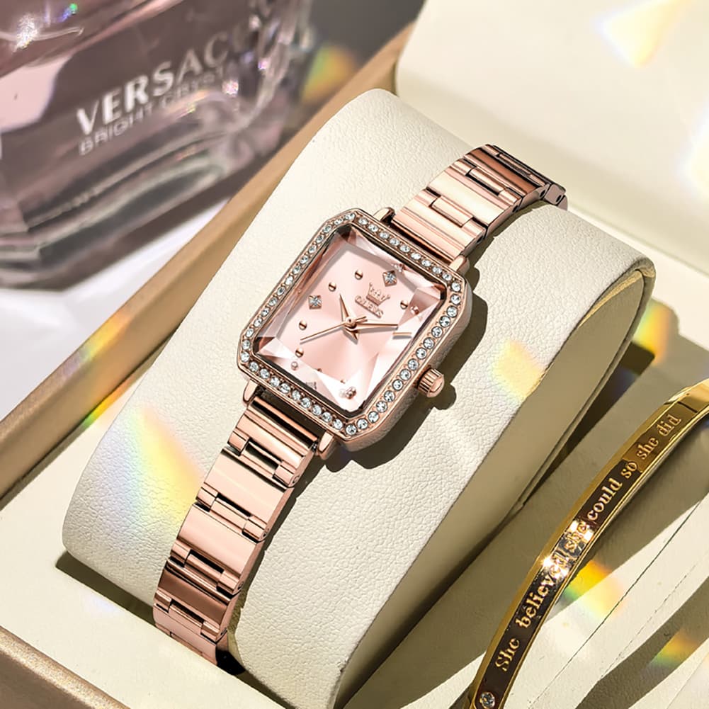 OLEVS 5688 Beveled Edge Crystal Rectangular Watch Diamond Bezel Stainless Steel Quartz Timepiece for Women -Olevs Watch Store