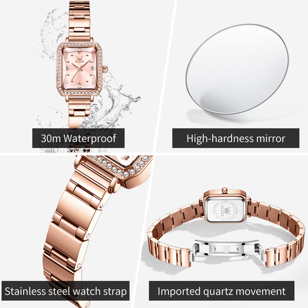 OLEVS 5688 Beveled Edge Crystal Rectangular Watch Diamond Bezel Stainless Steel Quartz Timepiece for Women -Olevs Watch Store