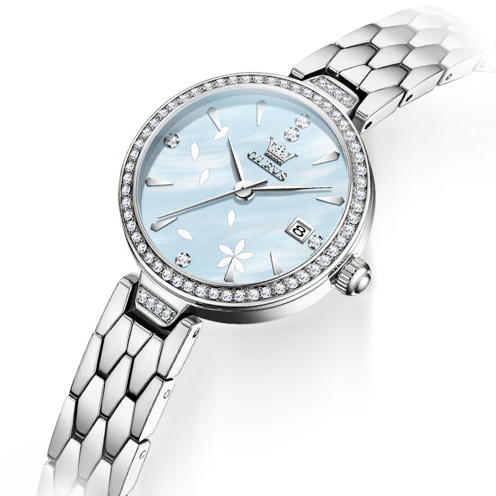 Silver Blue floral dial close-up - OLEVS 5689