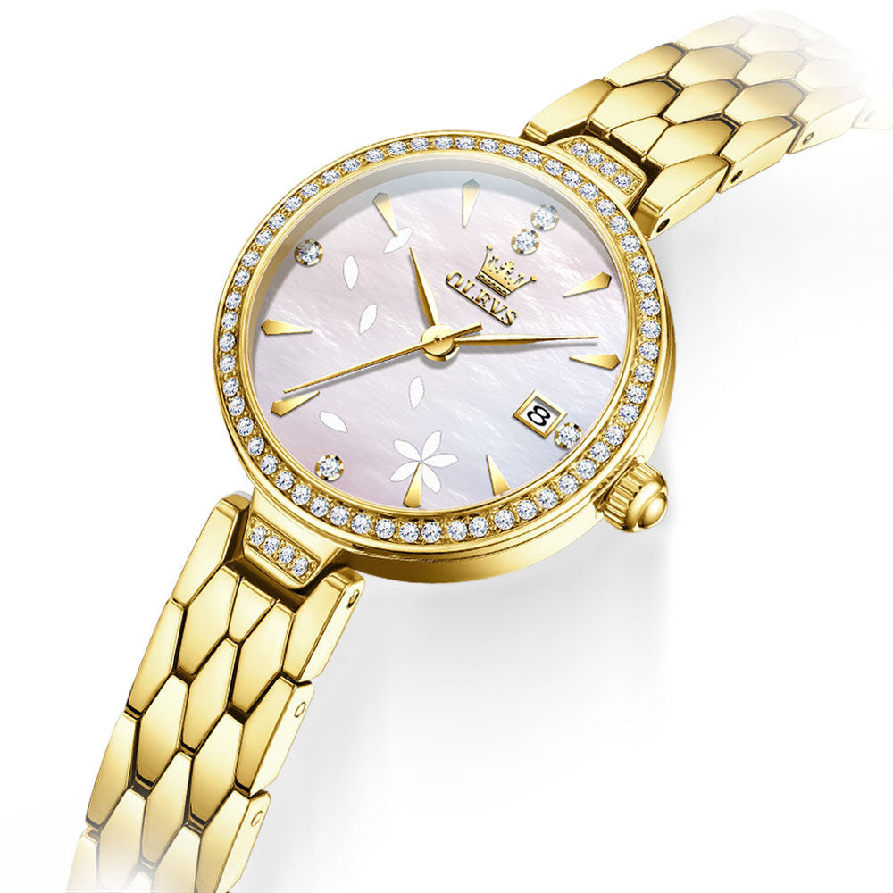 Gold White floral dial close-up - OLEVS 5689
