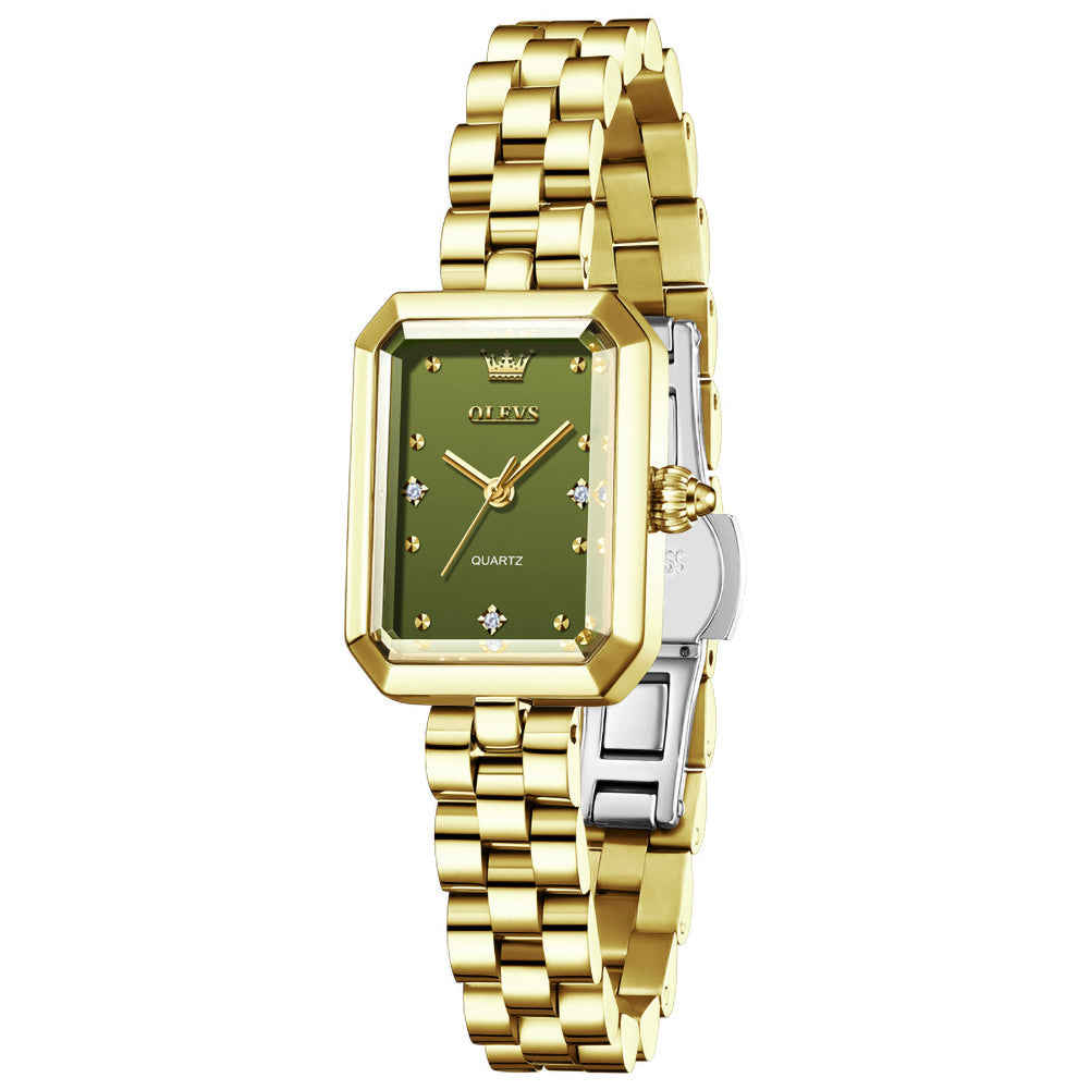 rectangular quartz watch for women in Gold Green - OLEVS 5690