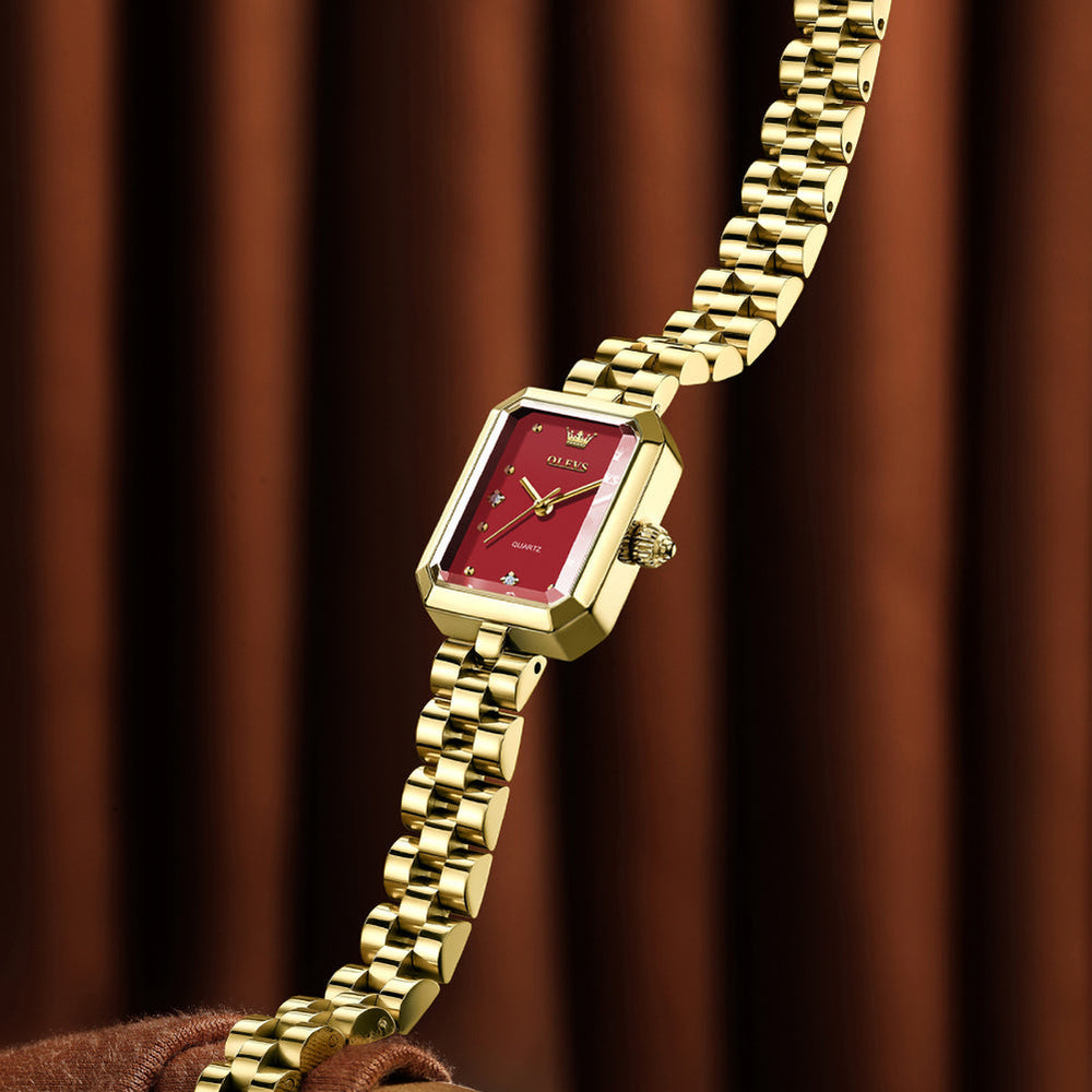 gold red watch case and bracelet side view - OLEVS 5690