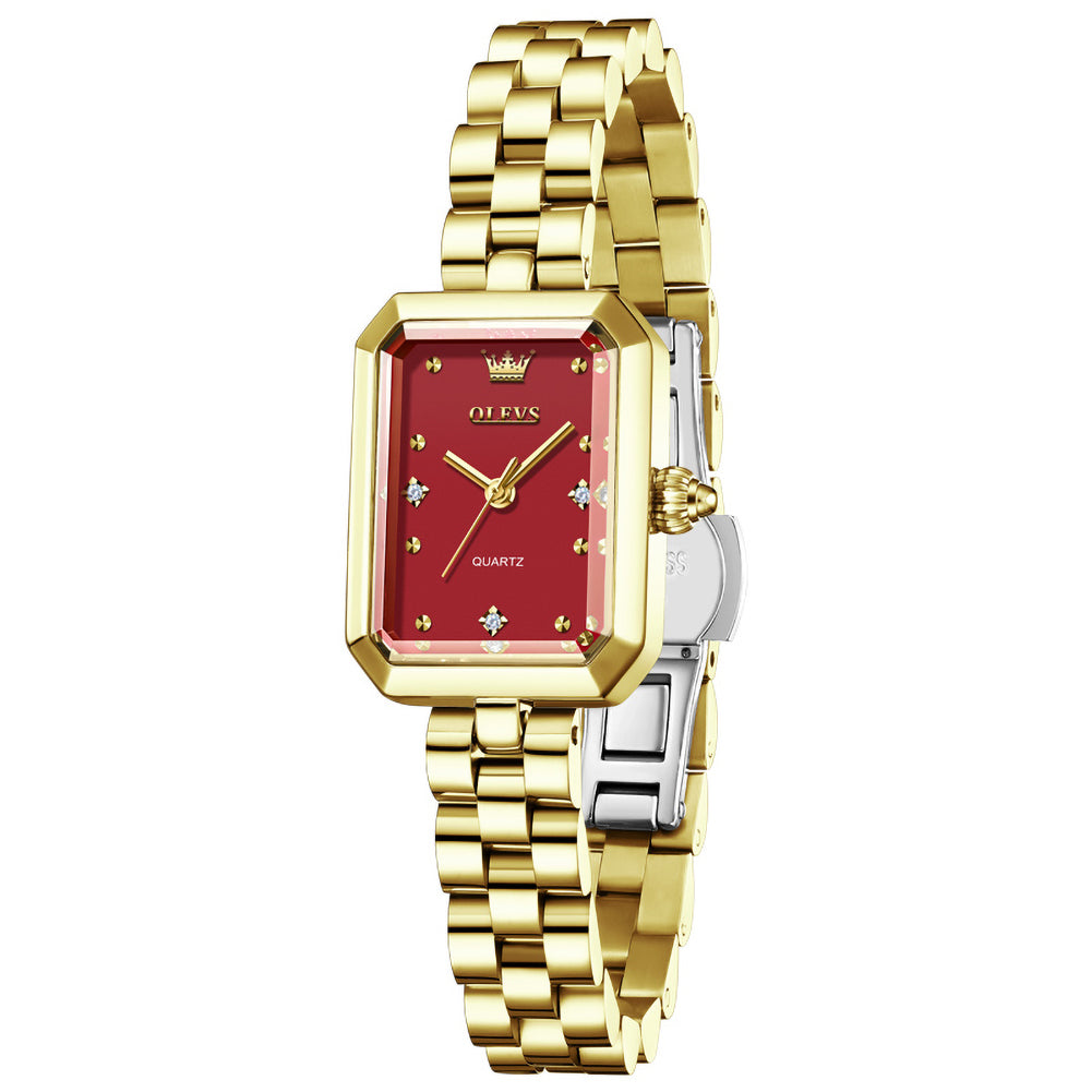 rectangular quartz watch for women in Gold Red - OLEVS 5690
