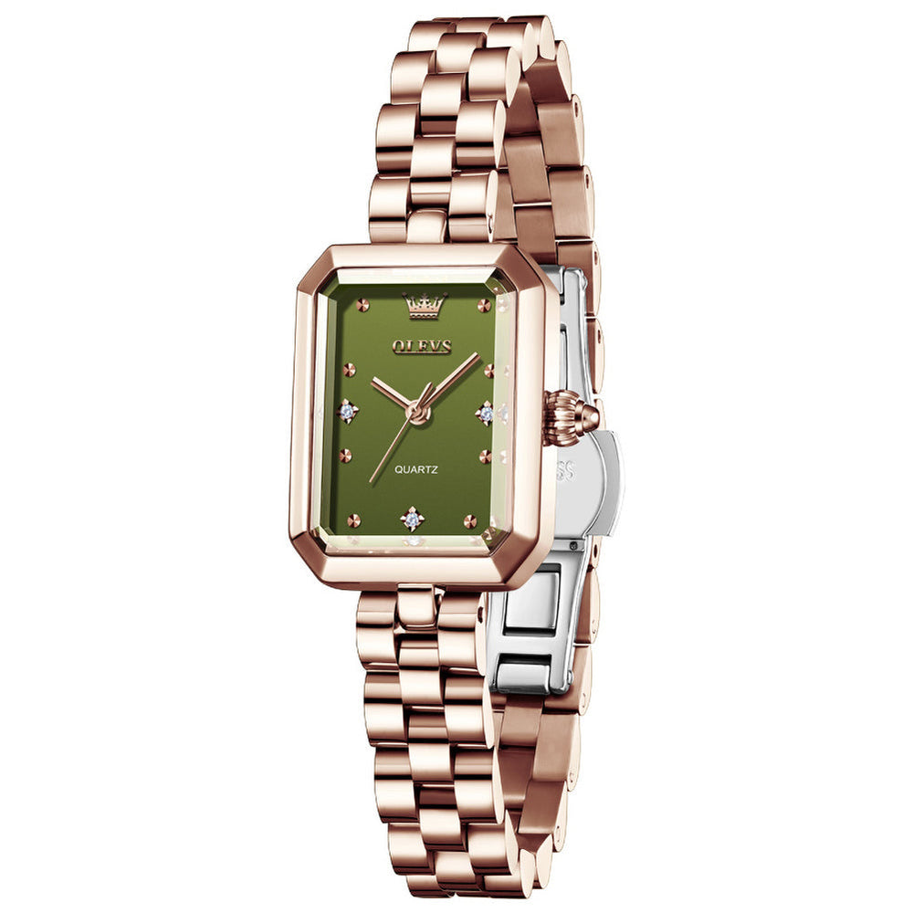 rectangular quartz watch for women in Rose Gold Green - OLEVS 5690