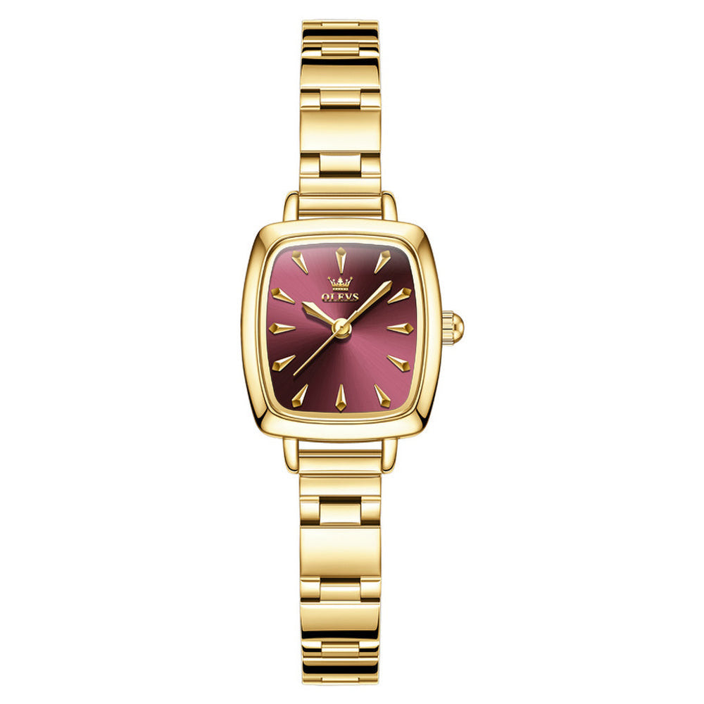 Gold tone bracelet with burgundy dial front - OLEVS 5695