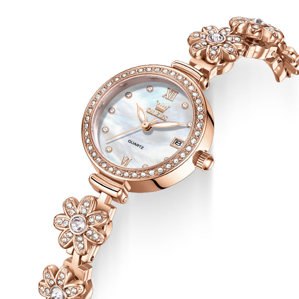 white dial date window and floral links close up - OLEVS 5699