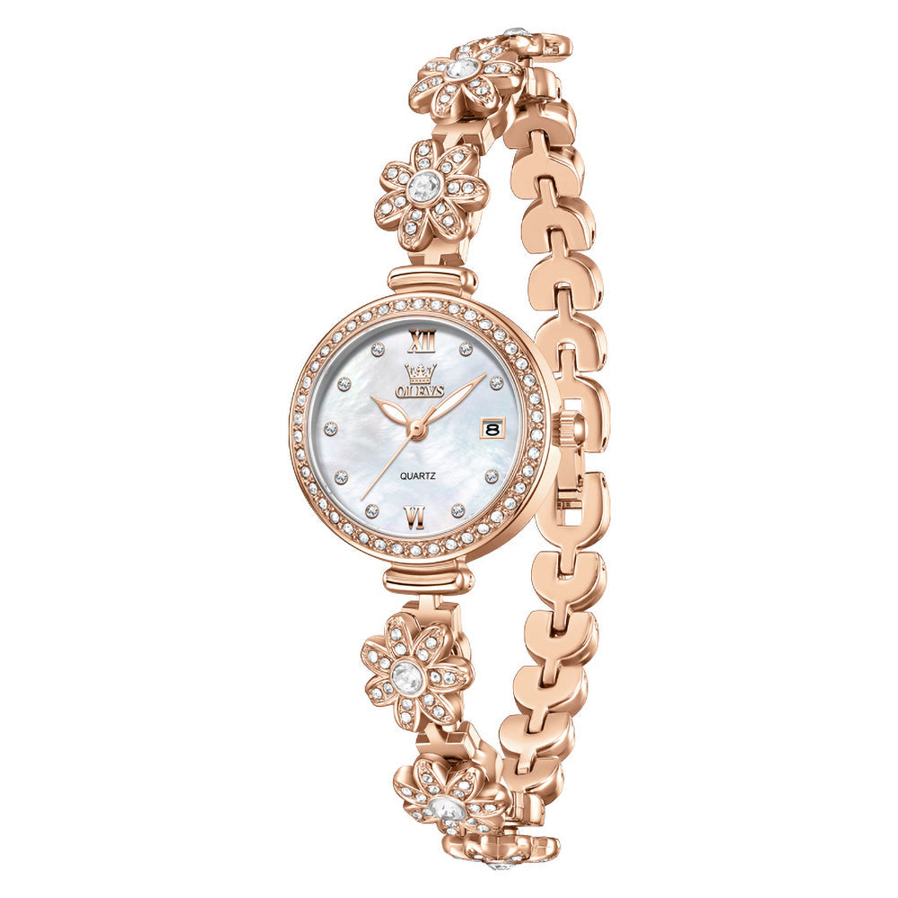 rose gold white floral bracelet watch front view - OLEVS 5699