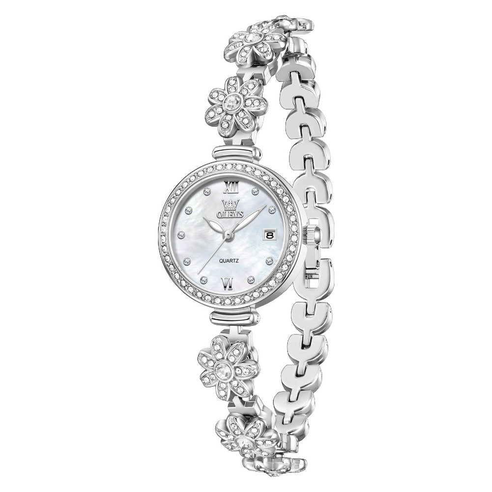silver white floral bracelet watch front view - OLEVS 5699