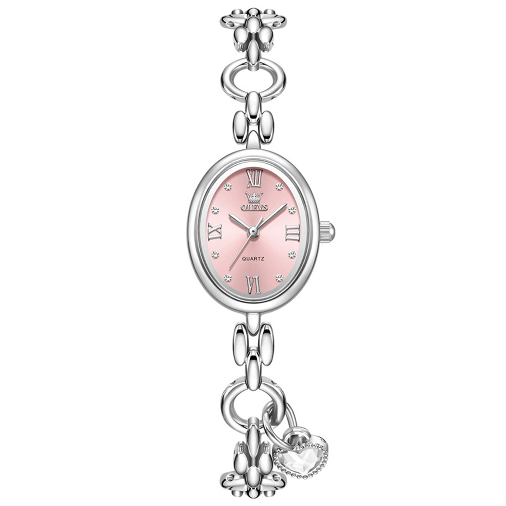 Silver tone bracelet and pink dial front - OLEVS 5702