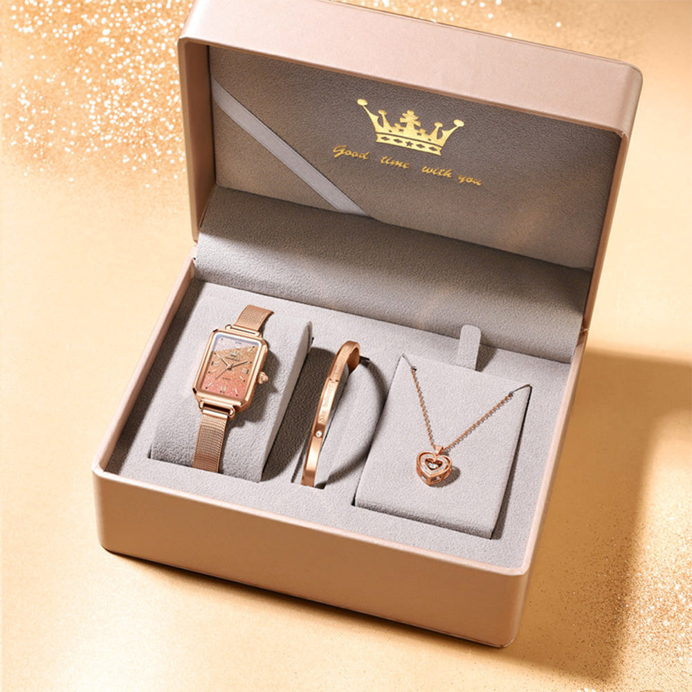 Rose Gold Gradient Pink watch gift set with bangle necklace and gift box - OLEVS 5705