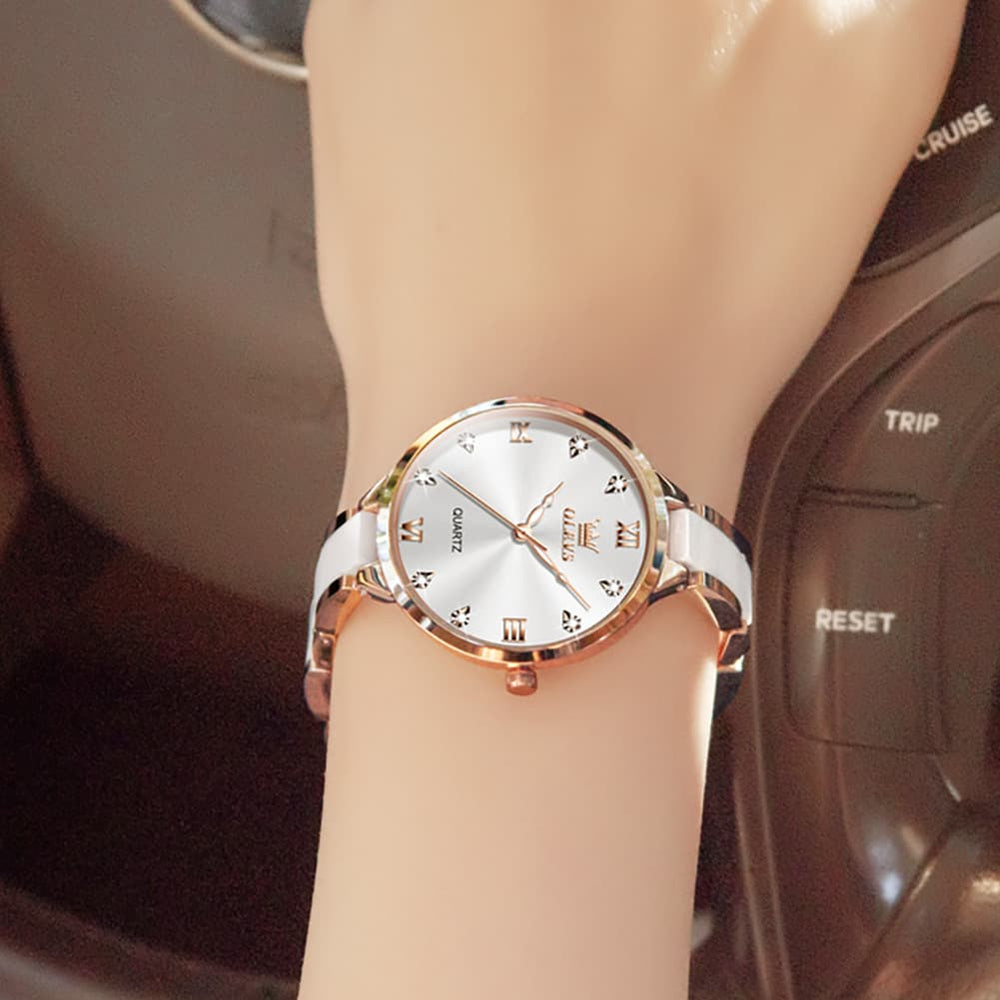 OLEVS 5872 Ceramic Bracelet Watch Rose Gold Diamond Accent Quartz Luxury Timepiece for Women - Olevs Watch Store