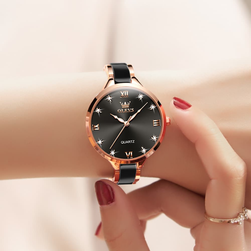 OLEVS 5872 Ceramic Bracelet Watch Rose Gold Diamond Accent Quartz Luxury Timepiece for Women - Olevs Watch Store