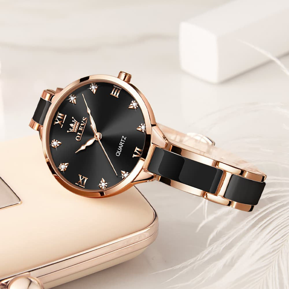 OLEVS 5872 Ceramic Bracelet Watch Rose Gold Diamond Accent Quartz Luxury Timepiece for Women - Olevs Watch Store