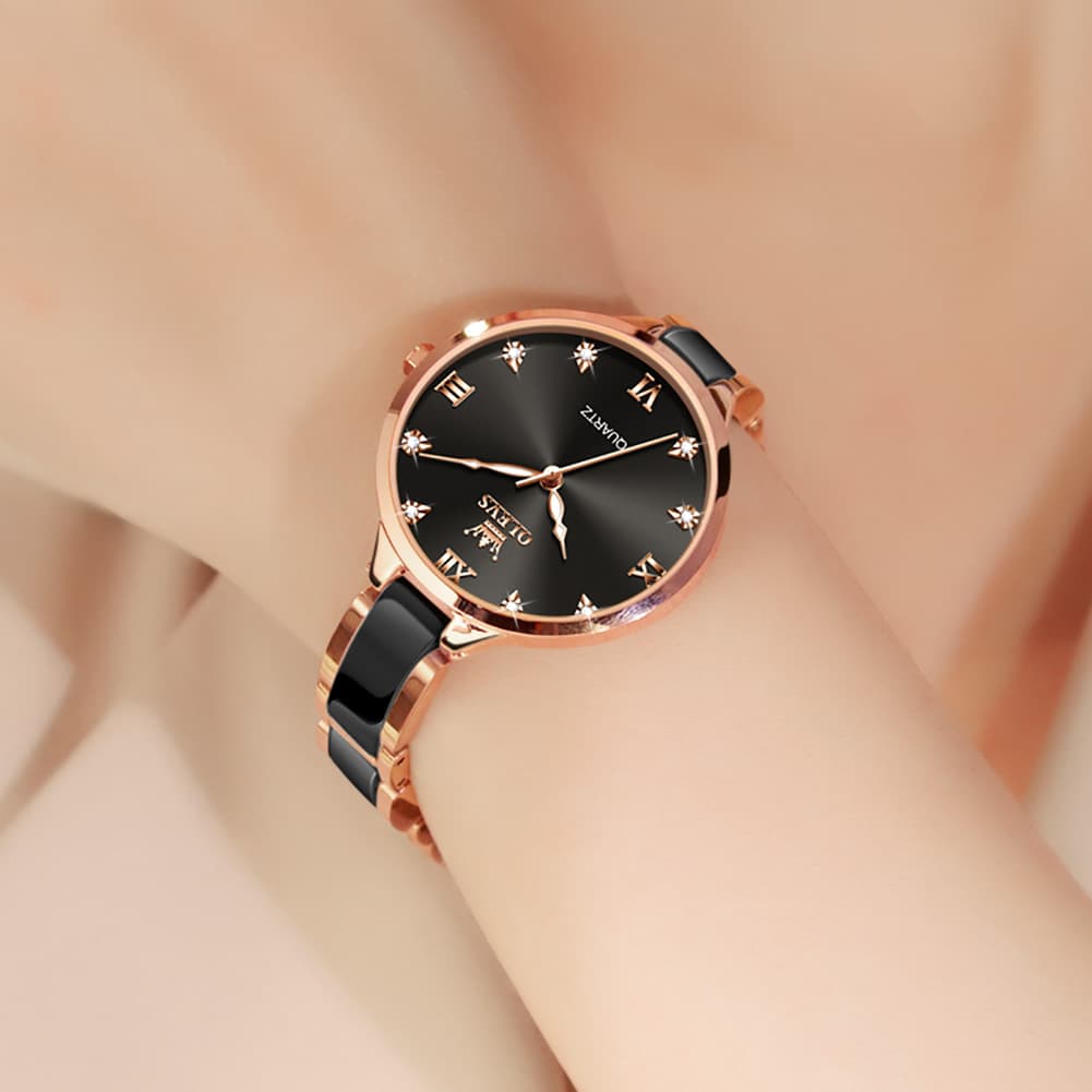 OLEVS 5872 Ceramic Bracelet Watch Rose Gold Diamond Accent Quartz Luxury Timepiece for Women - Olevs Watch Store