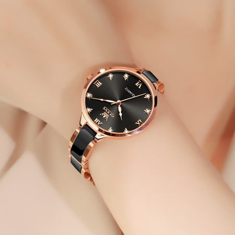 OLEVS 5872 Ceramic Bracelet Watch Rose Gold Diamond Accent Quartz Luxury Timepiece for Women - Olevs Watch Store