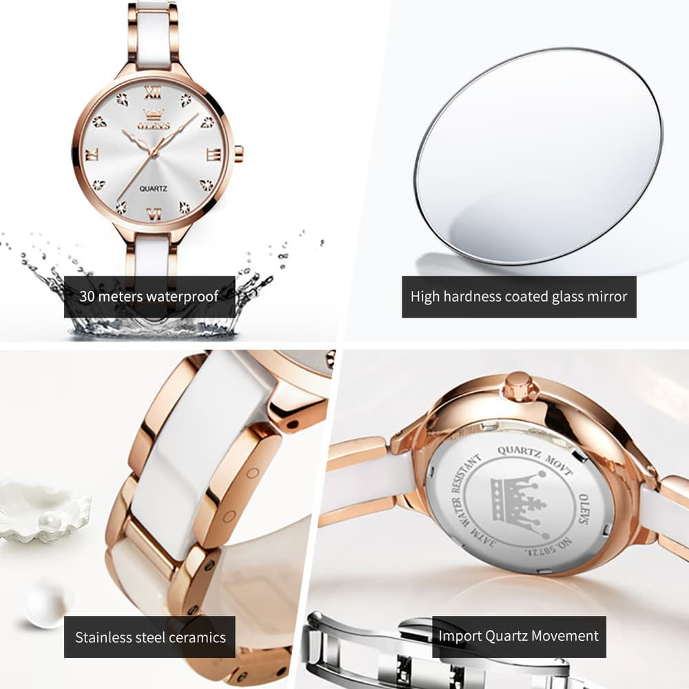 OLEVS 5872 Ceramic Bracelet Watch Rose Gold Diamond Accent Quartz Luxury Timepiece for Women - Olevs Watch Store