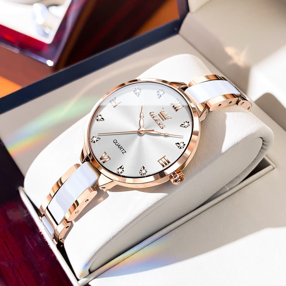 OLEVS 5872 Ceramic Bracelet Watch Rose Gold Diamond Accent Quartz Luxury Timepiece for Women - Olevs Watch Store