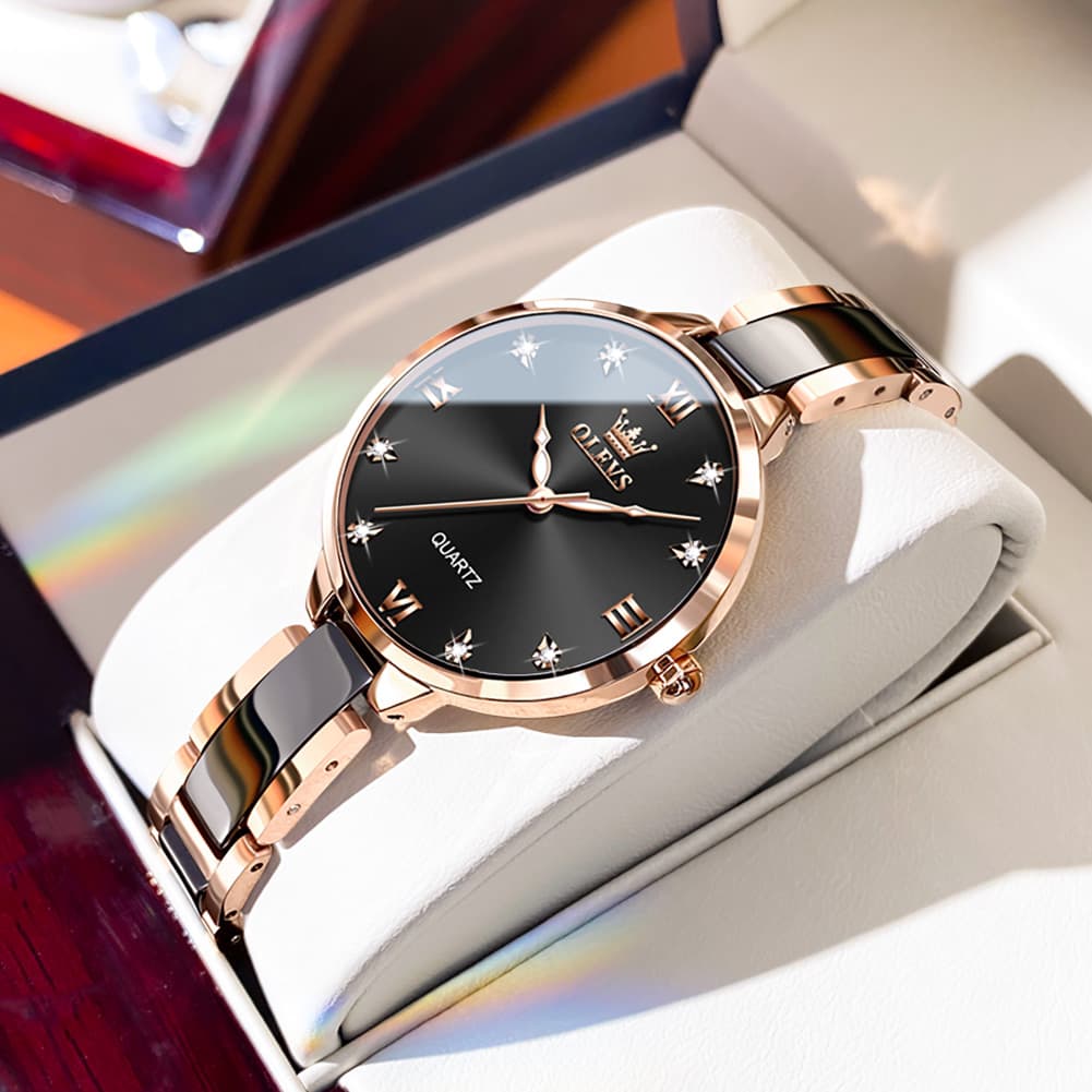 OLEVS 5872 Ceramic Bracelet Watch Rose Gold Diamond Accent Quartz Luxury Timepiece for Women - Olevs Watch Store