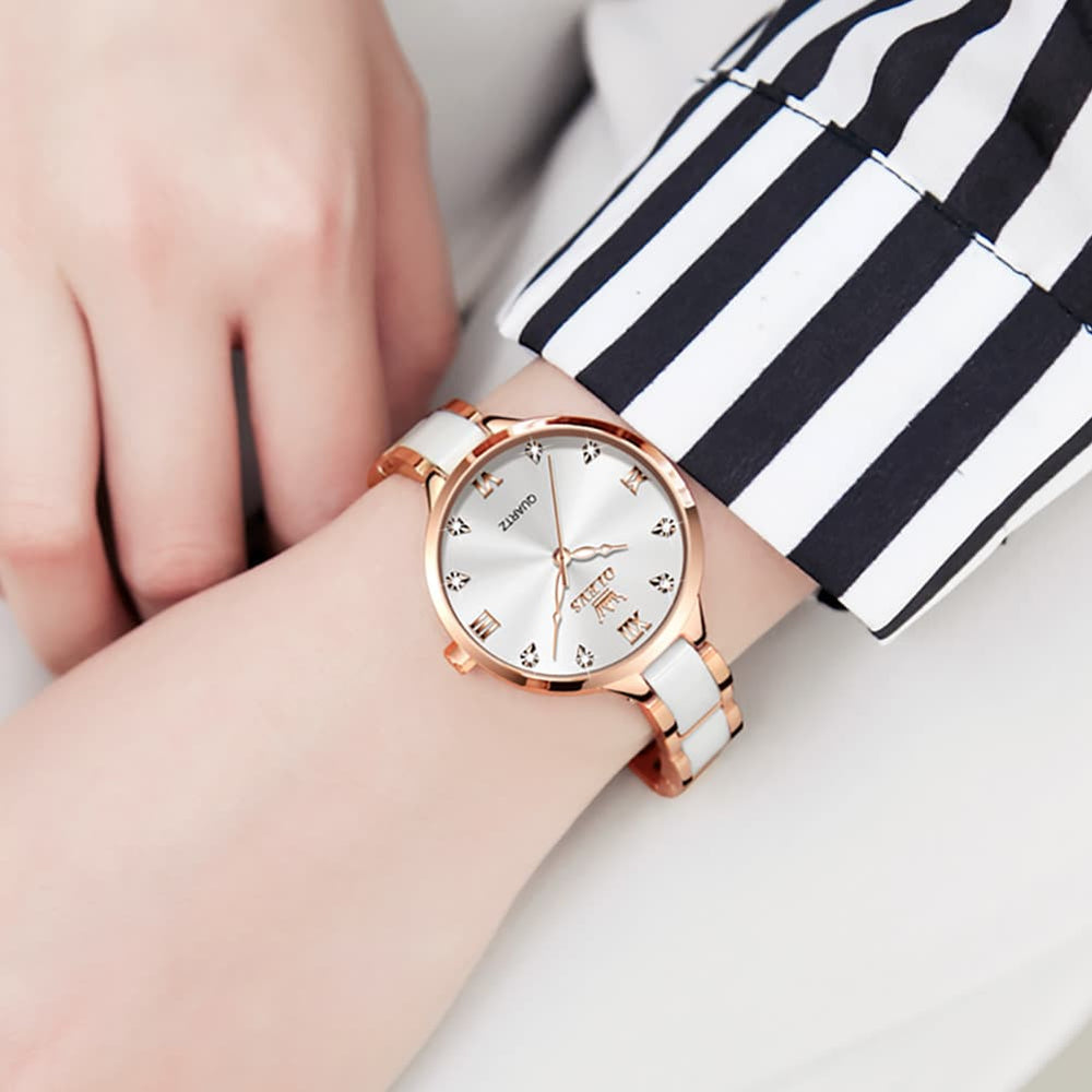 OLEVS 5872 Ceramic Bracelet Watch Rose Gold Diamond Accent Quartz Luxury Timepiece for Women - Olevs Watch Store