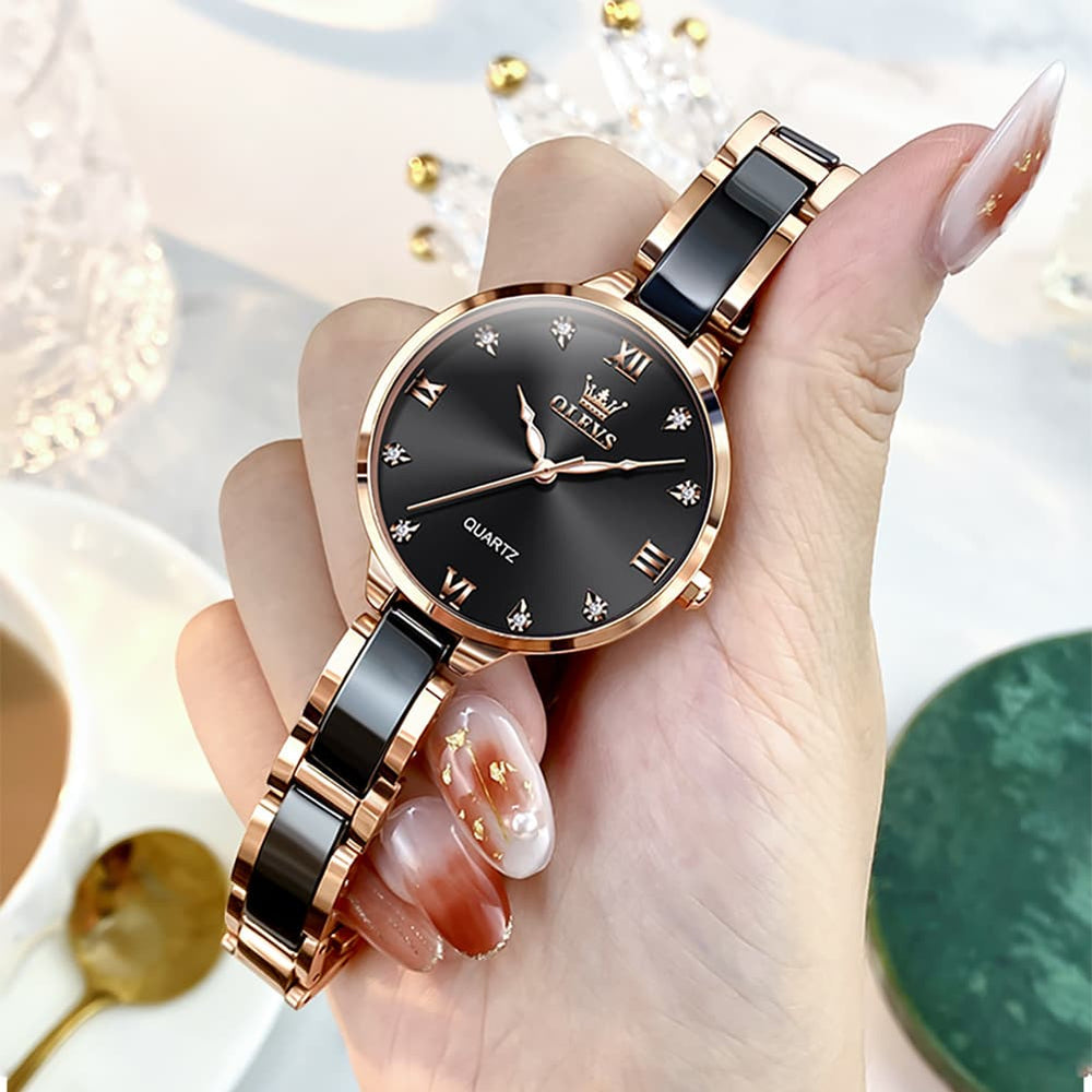 OLEVS 5872 Ceramic Bracelet Watch Rose Gold Diamond Accent Quartz Luxury Timepiece for Women - Olevs Watch Store
