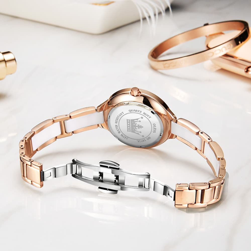 OLEVS 5872 Ceramic Bracelet Watch Rose Gold Diamond Accent Quartz Luxury Timepiece for Women - Olevs Watch Store