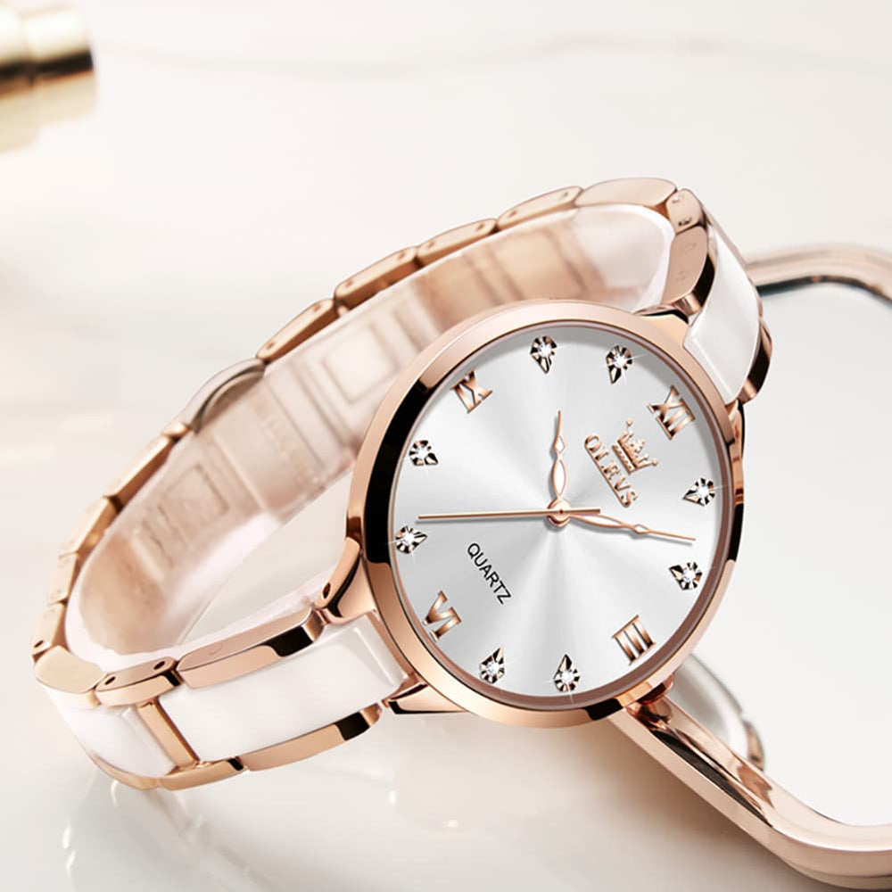 OLEVS 5872 Ceramic Bracelet Watch Rose Gold Diamond Accent Quartz Luxury Timepiece for Women - Olevs Watch Store