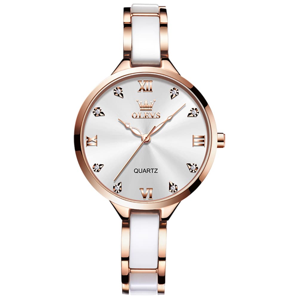 OLEVS 5872 Ceramic Bracelet Watch Rose Gold Diamond Accent Quartz Luxury Timepiece for Women - Olevs Watch Store