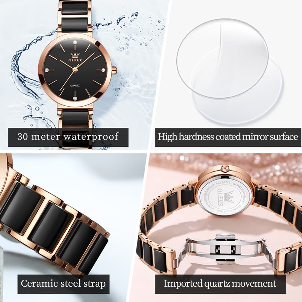 OLEVS 5877 Ceramic Bracelet Watch Rose Gold Minimalist Diamond Accent Japan Quartz Luxury Timepiece Women - Olevs Watch Store