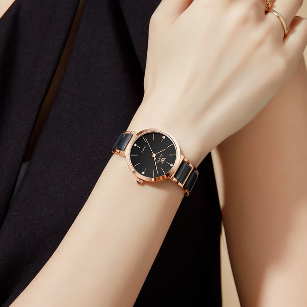 OLEVS 5877 Ceramic Bracelet Watch Rose Gold Minimalist Diamond Accent Japan Quartz Luxury Timepiece Women - Olevs Watch Store