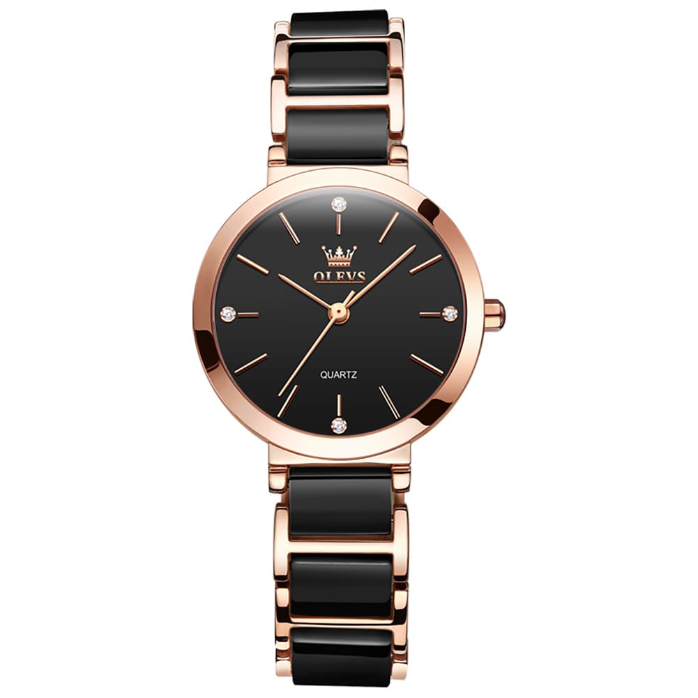 OLEVS 5877 Ceramic Bracelet Watch Rose Gold Minimalist Diamond Accent Japan Quartz Luxury Timepiece Women - Olevs Watch Store