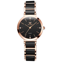 OLEVS 5877 Ceramic Bracelet Watch Rose Gold Minimalist Diamond Accent Japan Quartz Luxury Timepiece Women - Olevs Watch Store