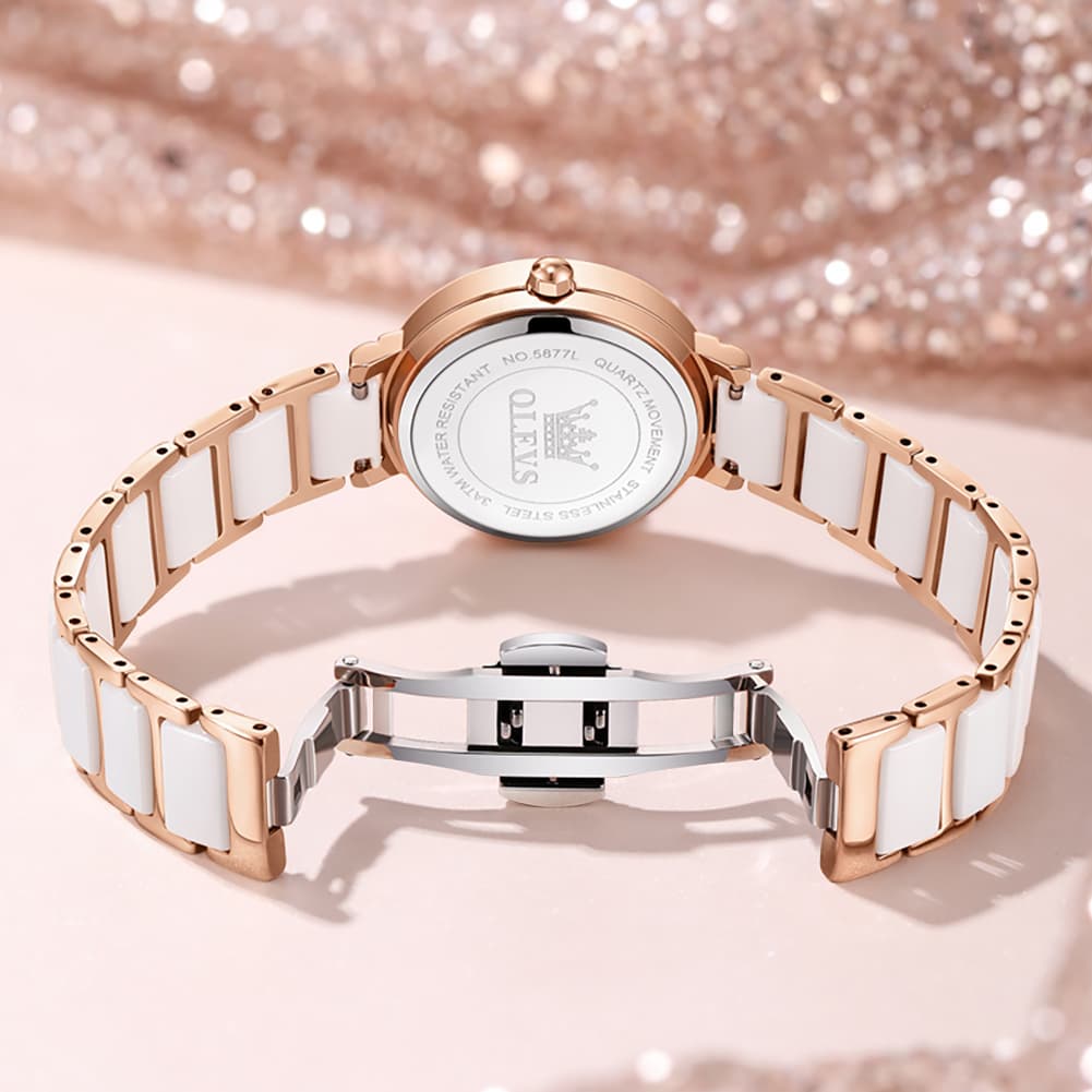 OLEVS 5877 Ceramic Bracelet Watch Rose Gold Minimalist Diamond Accent Japan Quartz Luxury Timepiece Women - Olevs Watch Store