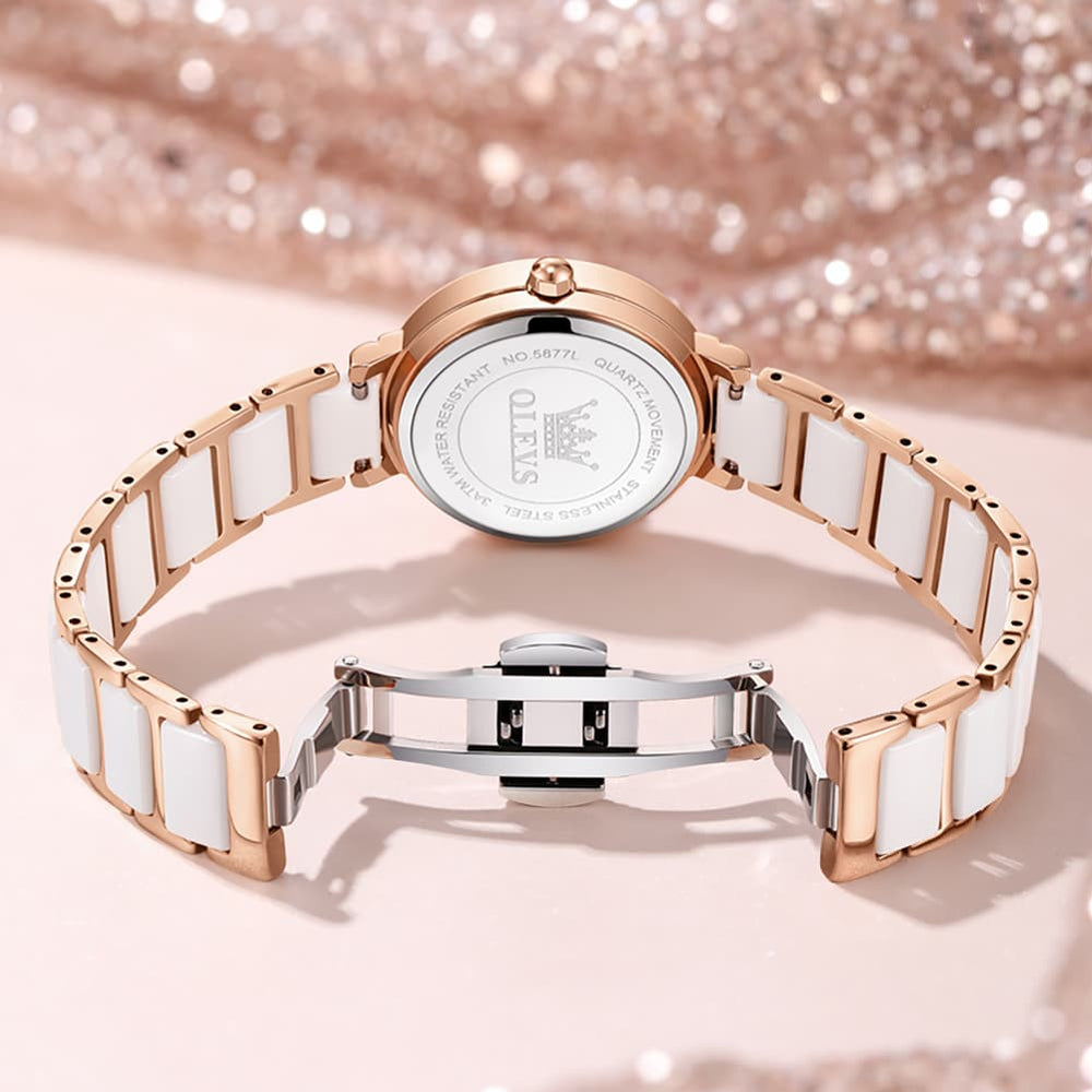 OLEVS 5877 Ceramic Bracelet Watch Rose Gold Minimalist Diamond Accent Japan Quartz Luxury Timepiece Women - Olevs Watch Store