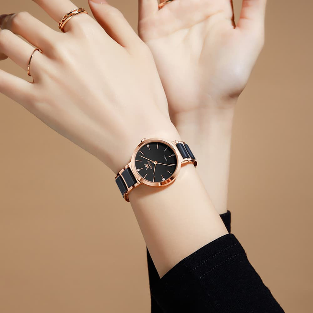 OLEVS 5877 Ceramic Bracelet Watch Rose Gold Minimalist Diamond Accent Japan Quartz Luxury Timepiece Women - Olevs Watch Store