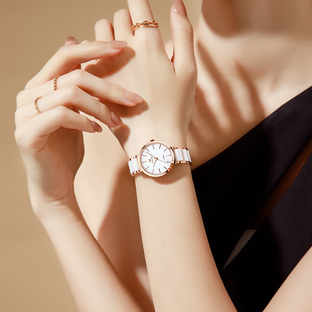 OLEVS 5877 Ceramic Bracelet Watch Rose Gold Minimalist Diamond Accent Japan Quartz Luxury Timepiece Women - Olevs Watch Store
