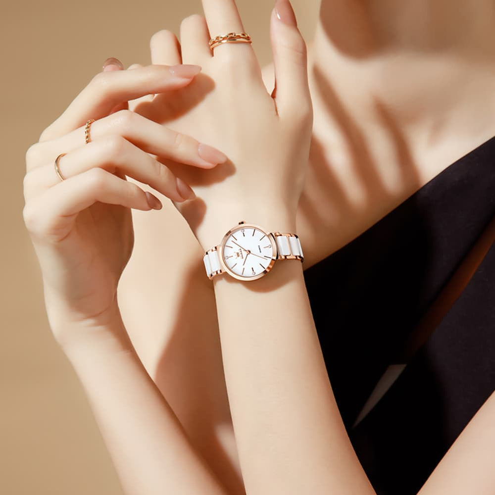 OLEVS 5877 Ceramic Bracelet Watch Rose Gold Minimalist Diamond Accent Japan Quartz Luxury Timepiece Women - Olevs Watch Store