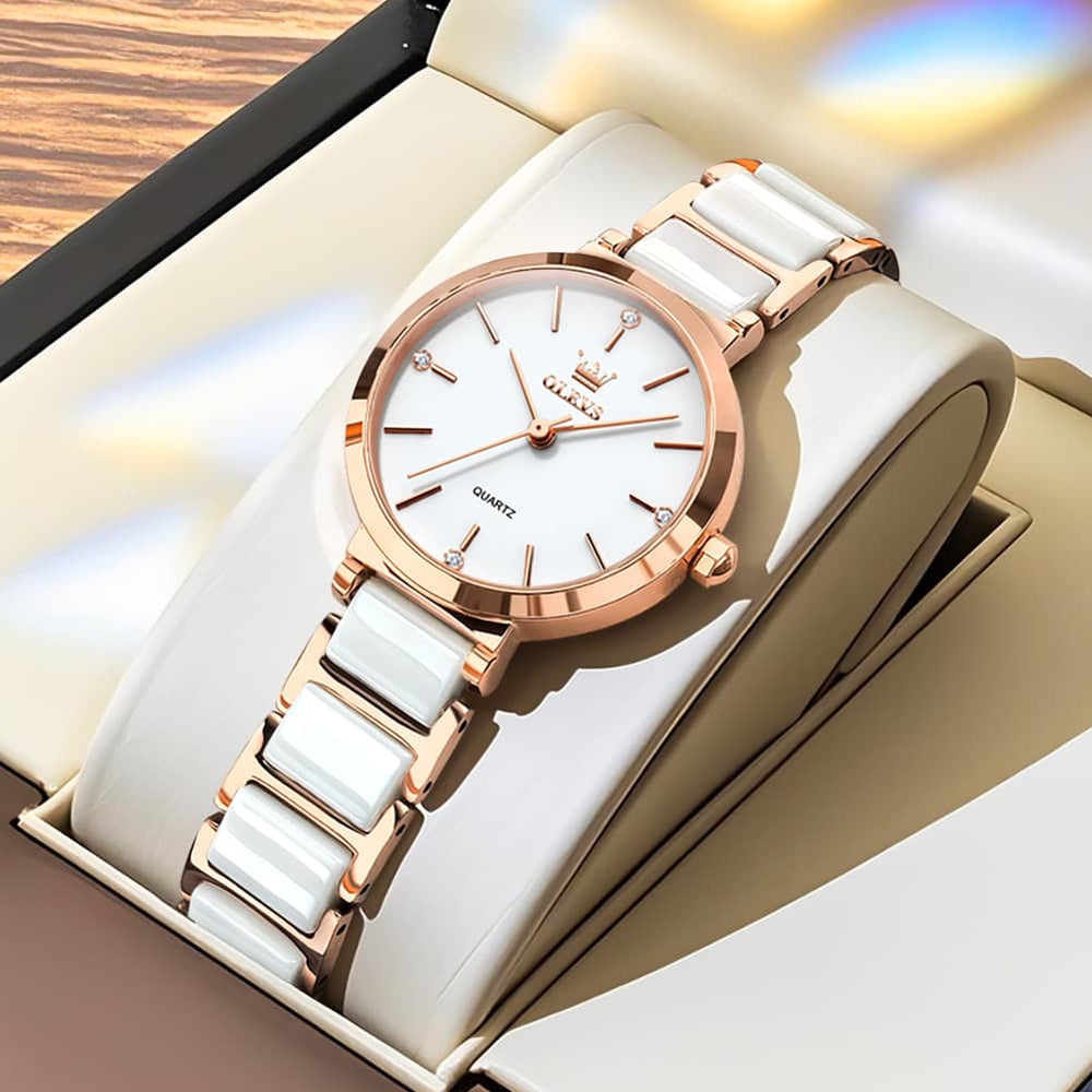 OLEVS 5877 Ceramic Bracelet Watch Rose Gold Minimalist Diamond Accent Japan Quartz Luxury Timepiece Women - Olevs Watch Store