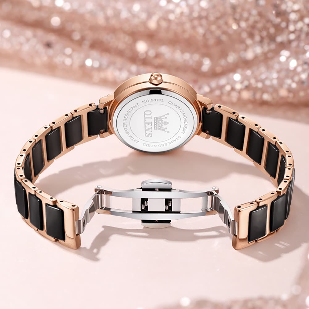 OLEVS 5877 Ceramic Bracelet Watch Rose Gold Minimalist Diamond Accent Japan Quartz Luxury Timepiece Women - Olevs Watch Store