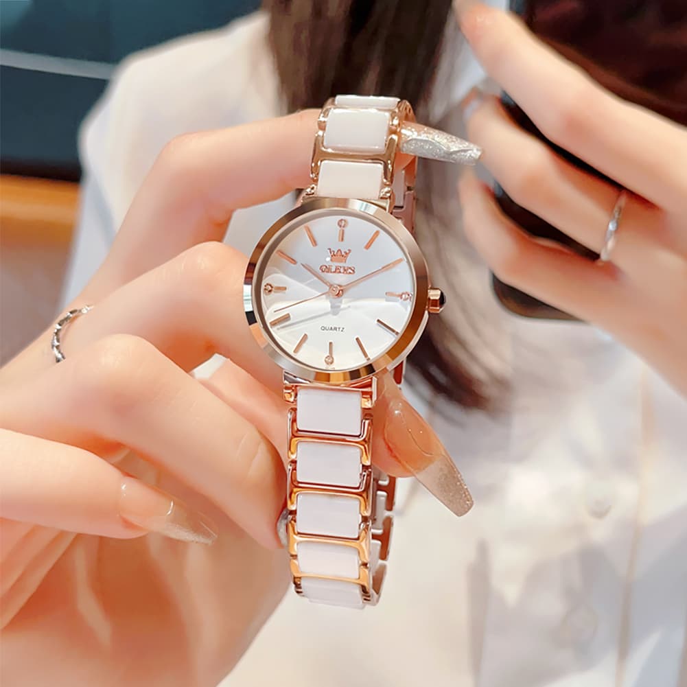OLEVS 5877 Ceramic Bracelet Watch Rose Gold Minimalist Diamond Accent Japan Quartz Luxury Timepiece Women - Olevs Watch Store