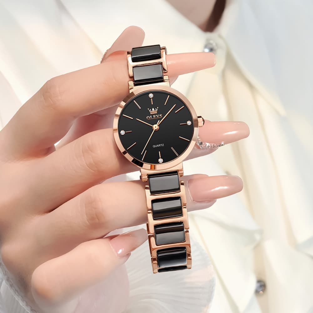 OLEVS 5877 Ceramic Bracelet Watch Rose Gold Minimalist Diamond Accent Japan Quartz Luxury Timepiece Women - Olevs Watch Store