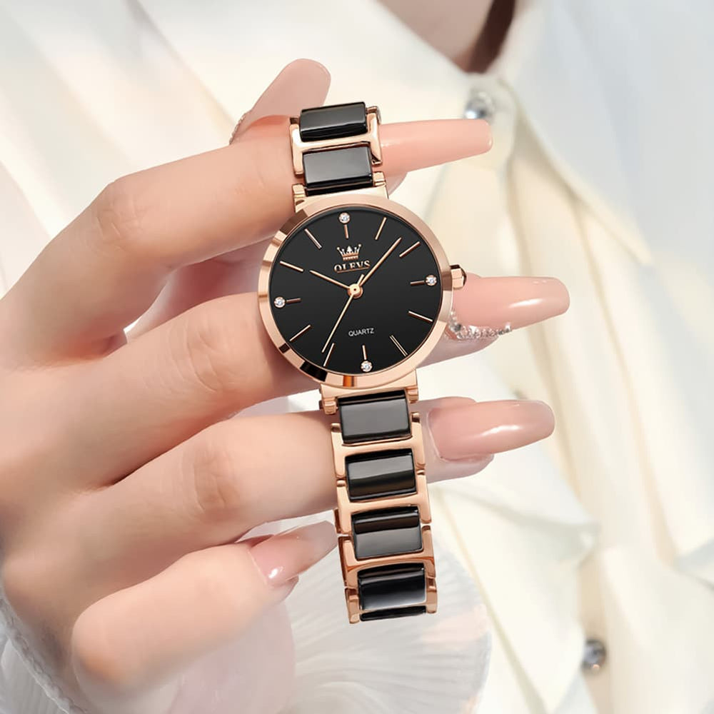 OLEVS 5877 Ceramic Bracelet Watch Rose Gold Minimalist Diamond Accent Japan Quartz Luxury Timepiece Women - Olevs Watch Store