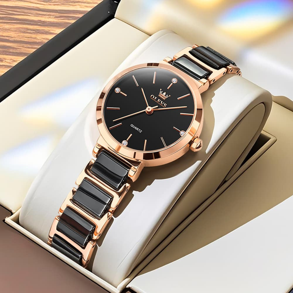 OLEVS 5877 Ceramic Bracelet Watch Rose Gold Minimalist Diamond Accent Japan Quartz Luxury Timepiece Women - Olevs Watch Store