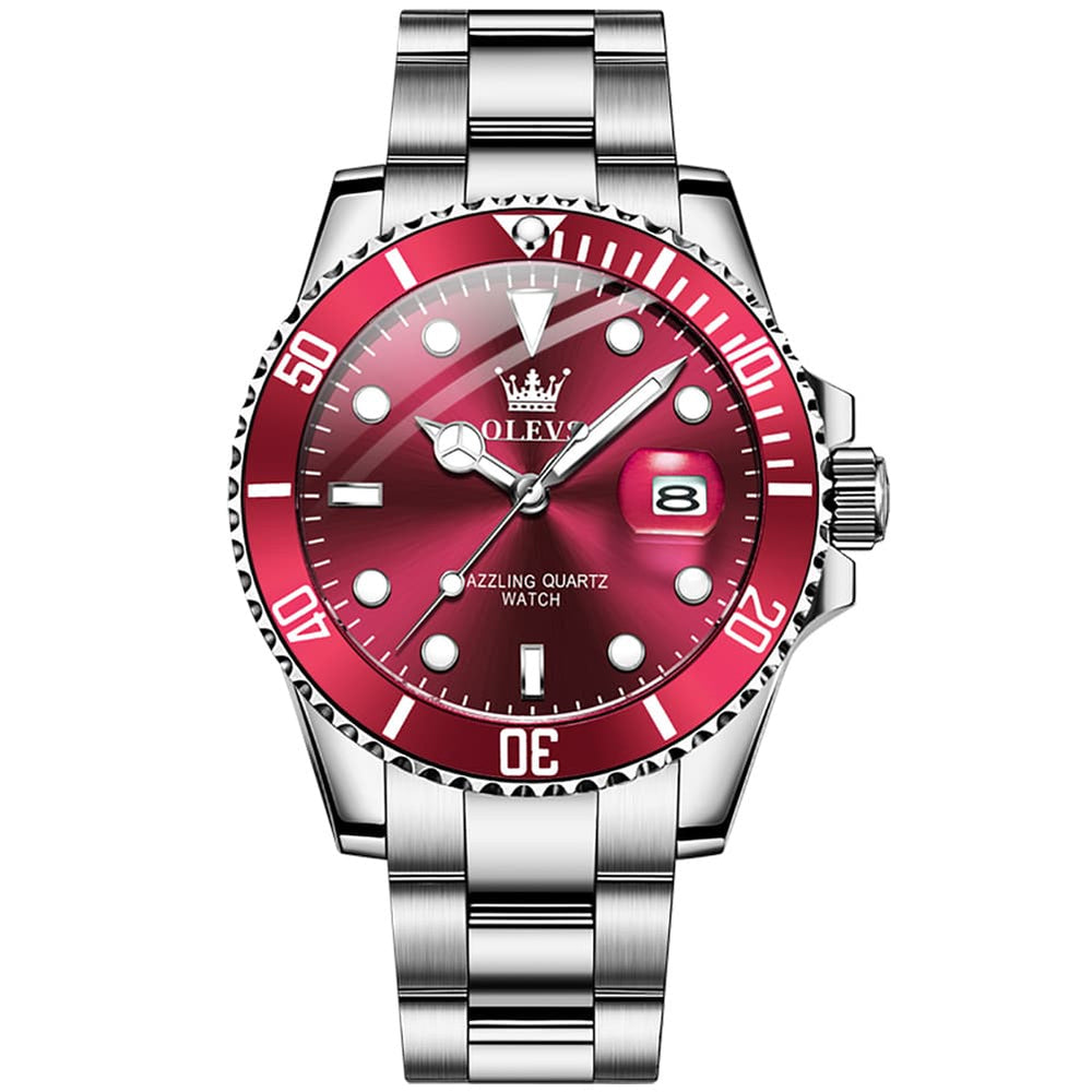OLEVS 5885 Classic Luxury Dive Style Watch for Men - Burgundy Red Watch | Olevs Watch Store